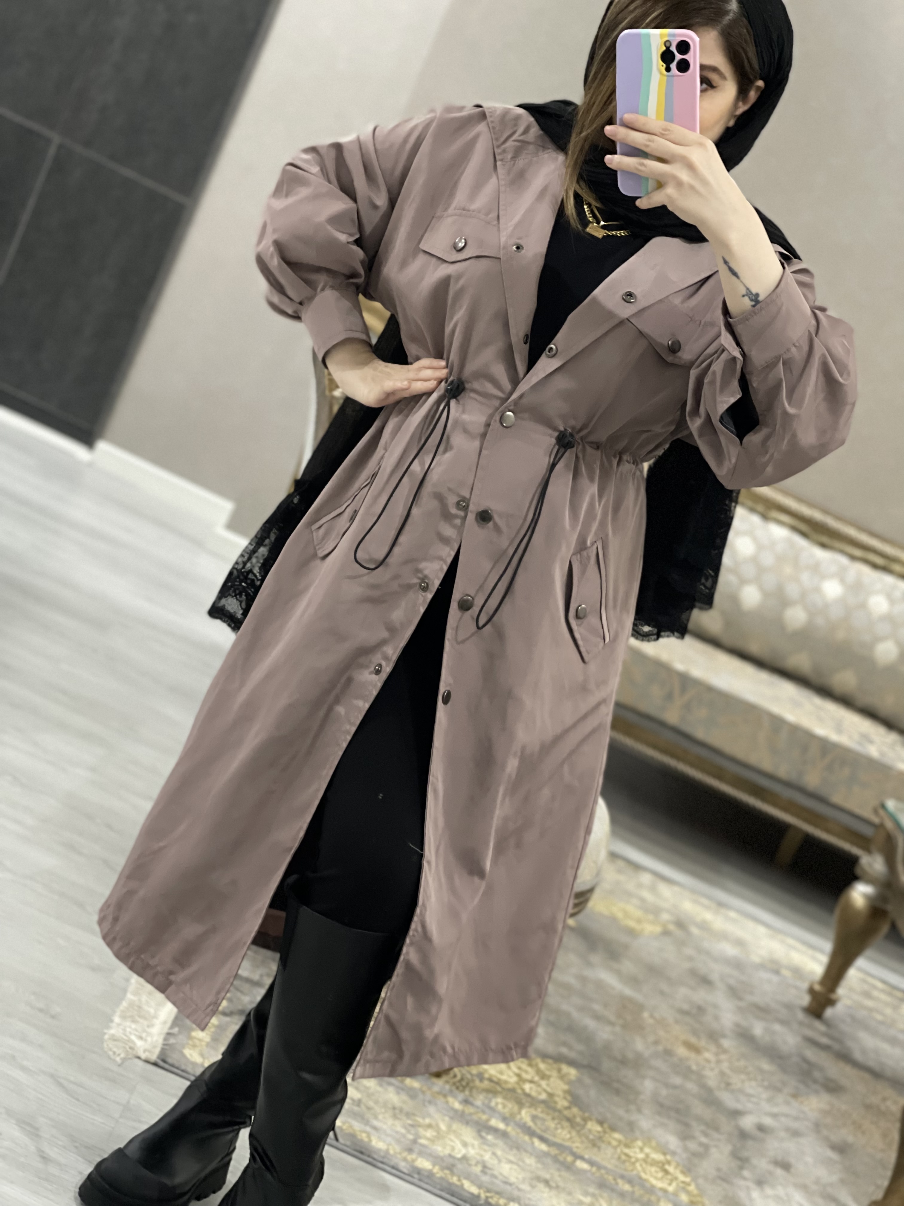 بارونی مزونی بلند کلاهدار کمرگت فراز کد0783