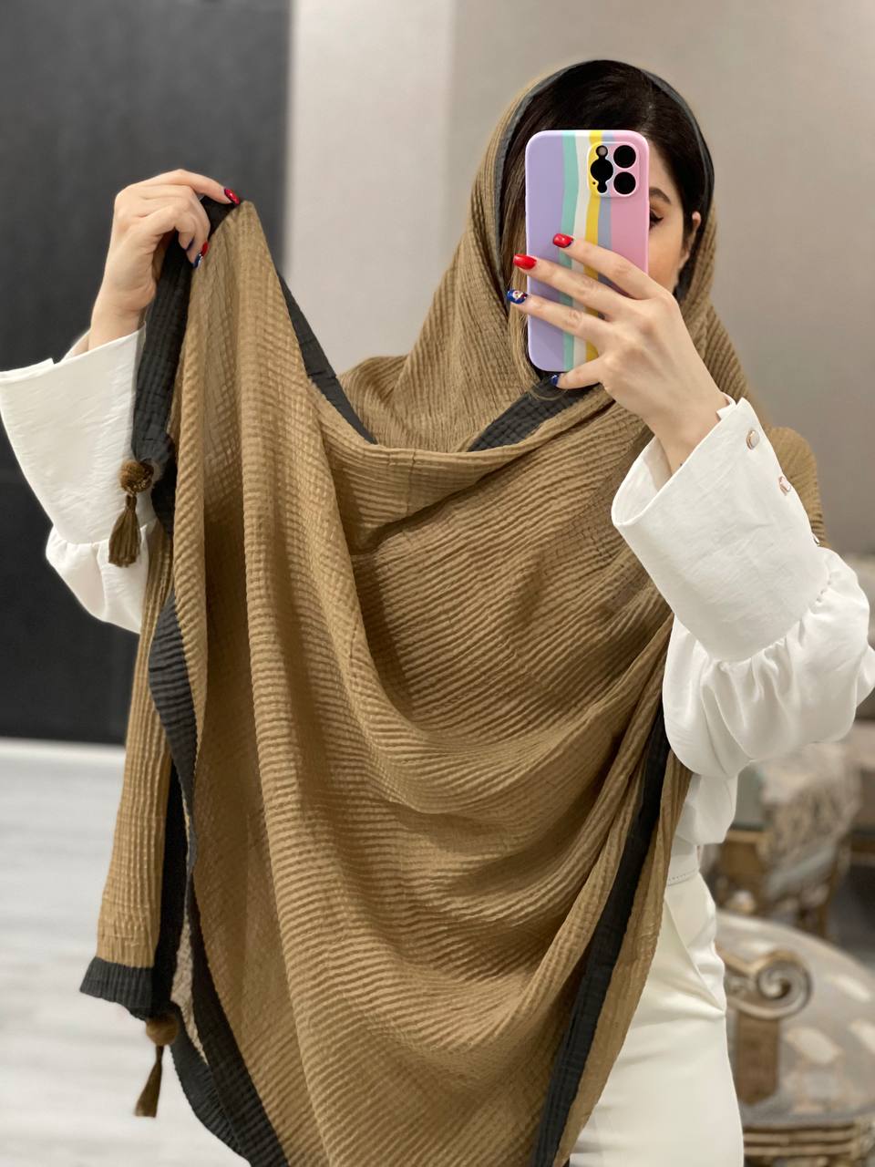 شال مزونی پلیسه کادری منگوله دار کد0555