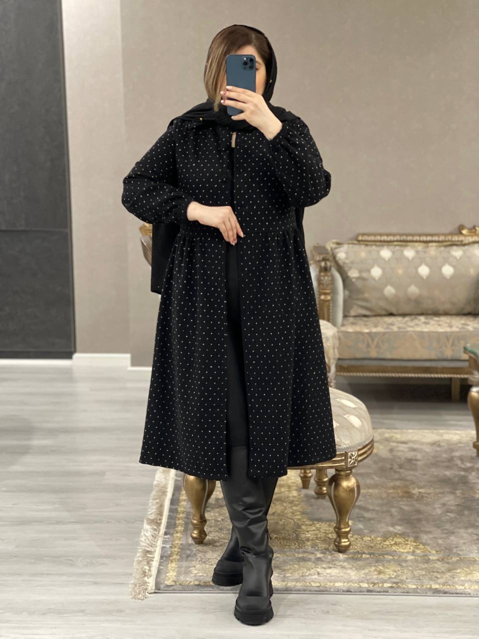 پالتو بلند خالخالی فیروزه کد1190