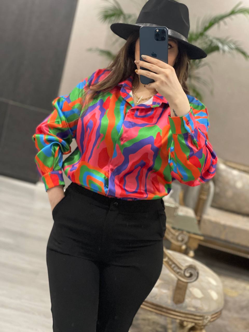 شومیز ژورنالی ساتن رنگین کمان کد0825