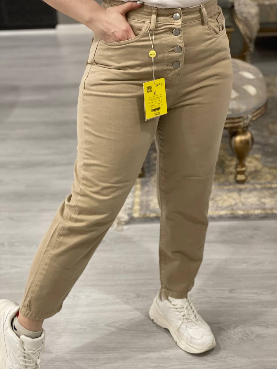 شلوار مام کتان کرم 900496