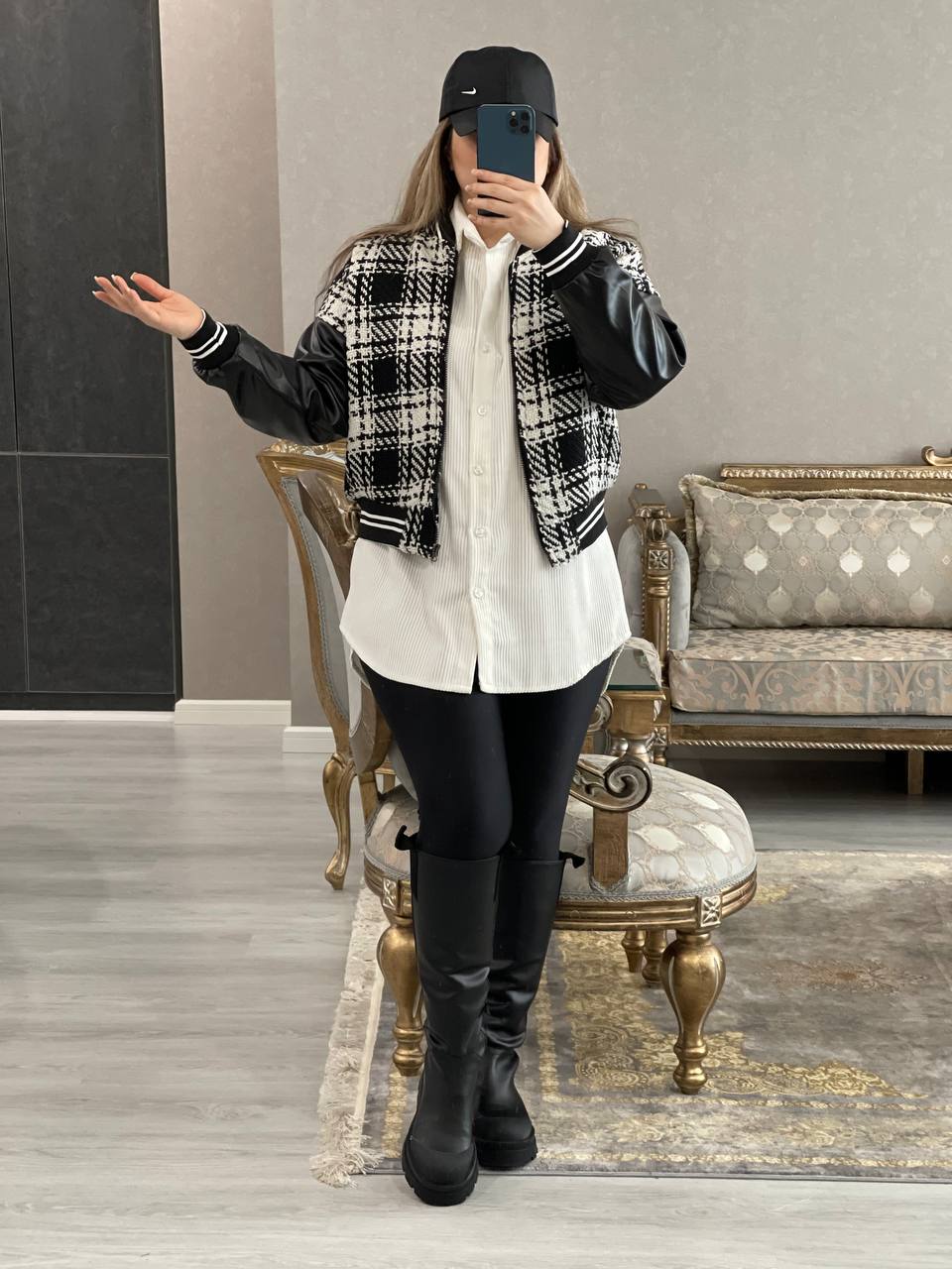 کاپشن کوتاه پشمی آستین چرم کد1045