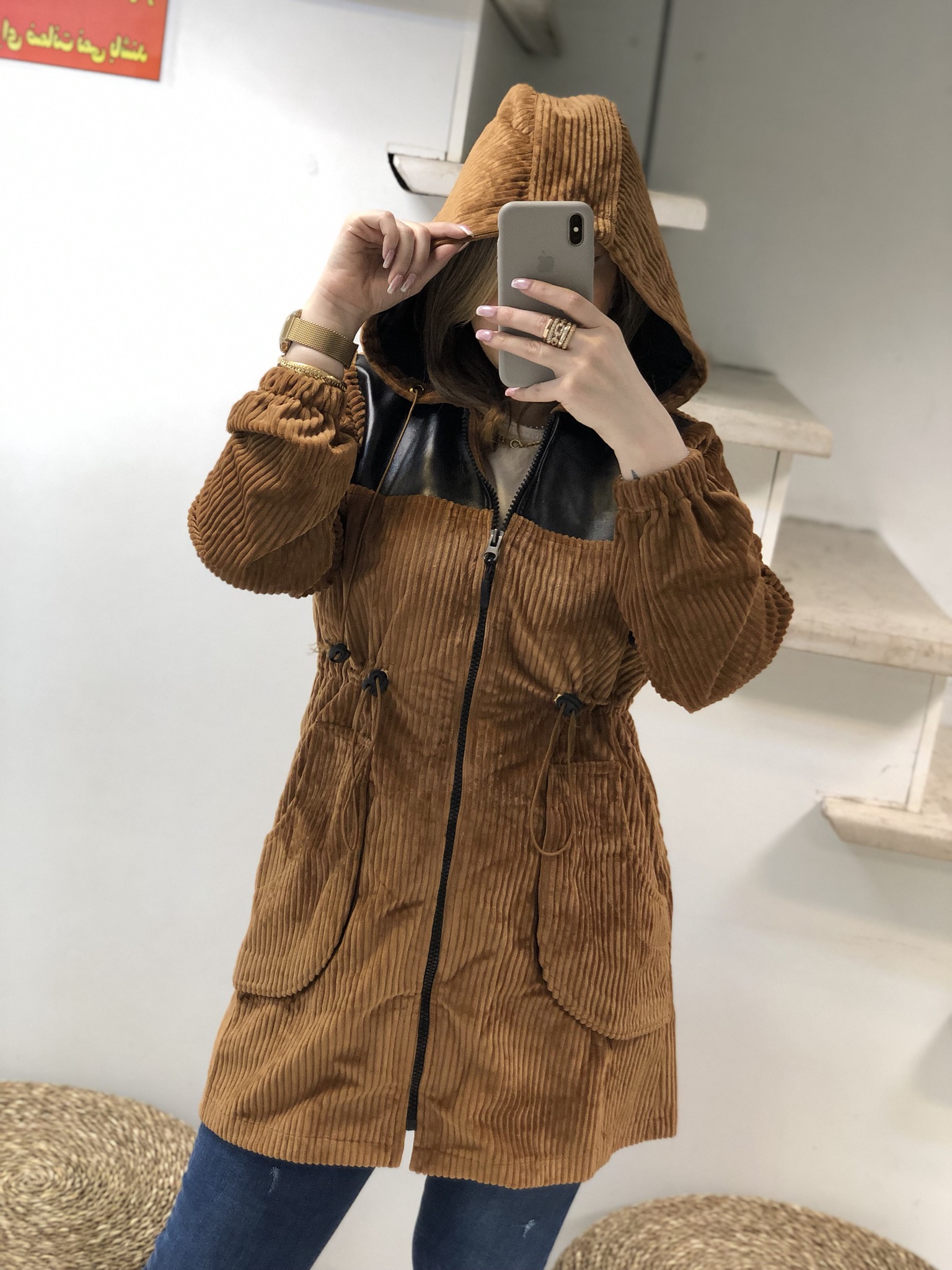 مانتو مخمل كلاه دار ضخيم