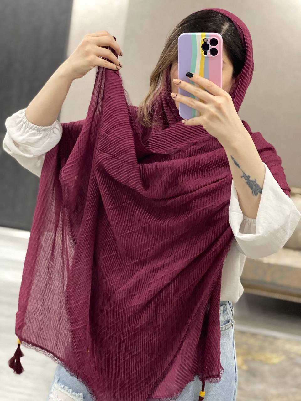 شال مزونی پلیسه لبه گیپور کد0604