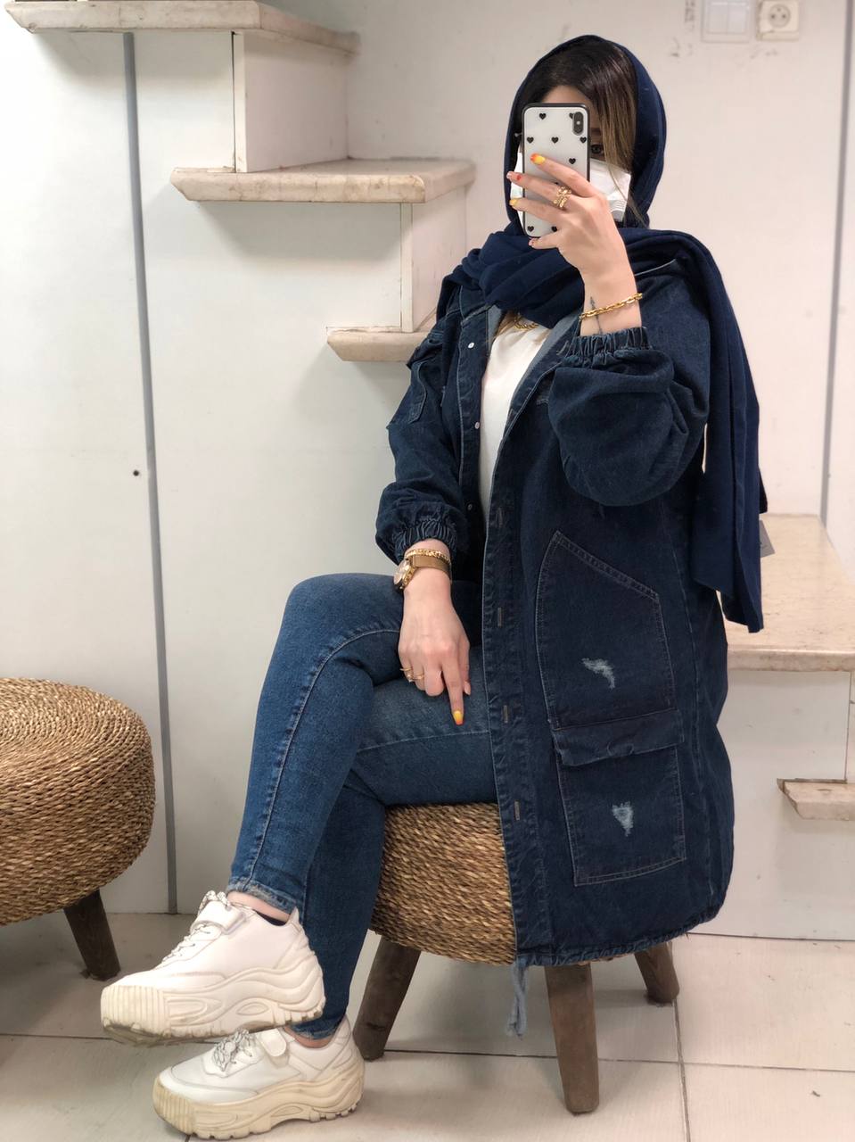 مانتو جین پاییزه کلاهدار کد0413