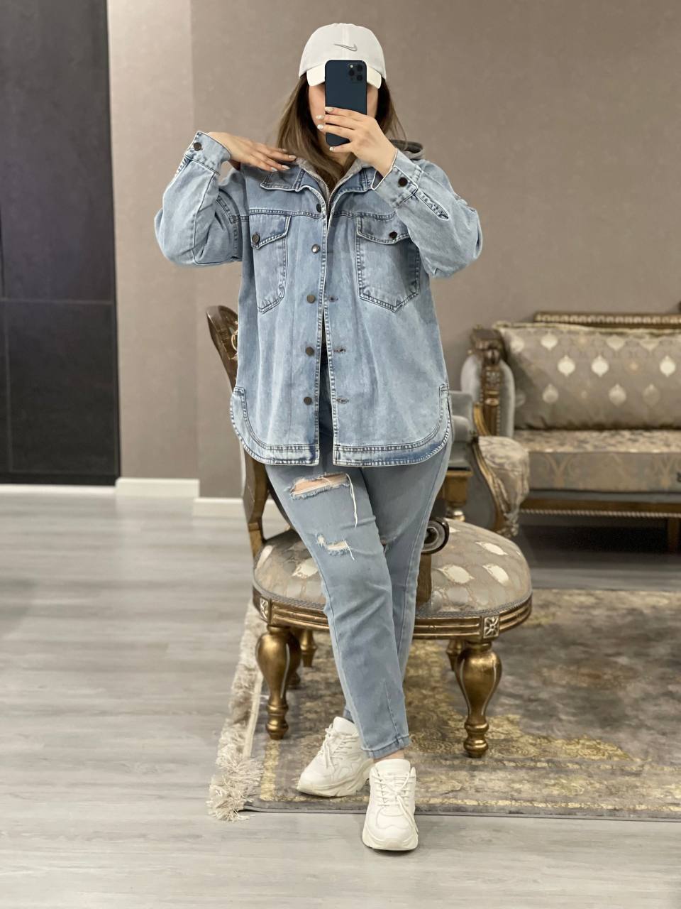 کت جین کلاهدار گلبوته کد11106